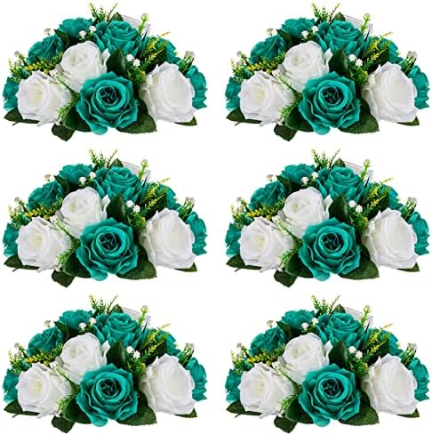 NUPTIO Flower Wedding Centrepieces for Tables - 6 Pcs 9.5in Diameter Teal & White Artificial Flowers Rose Ball for Centerpieces Table - Fake Rose Arrangements for Weddings Birthday Party Decorations by Nuptio