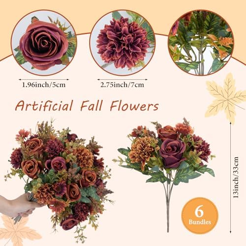 GTIDEA 6 Pcs Artificial Fall Flowers Silk Fall Bouquet Fake Rose Orange - Image 2