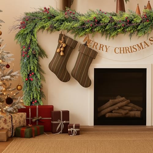 ENVEN Faux Cedar Christmas Garland with Red Berries & Pine Cones – Full Faux Winter Greenery for Holiday Mantel, Staircase, Doorway, Indoor Outdoor Christmas Décor (9FT) by ENVEN