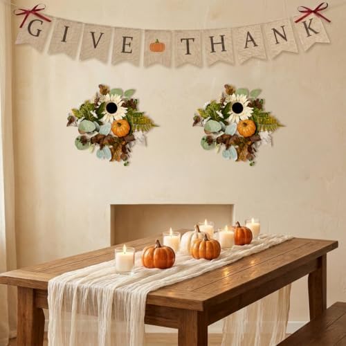 Thanksgiving Decorations Set of 4 – 2 Pack 12" Artificial Fall Wreaths, 35x71 Crinkle Chiffon Table Runner & Glitter Paper GIVE Thanks Banner with Bow – Harvest Holiday Home Decor - Image 2