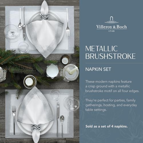 Villeroy & Boch Linen Metallic Brushstroke Napkins, 21 Inches x 21 Inches, Set of 4, White and Silver - Image 2