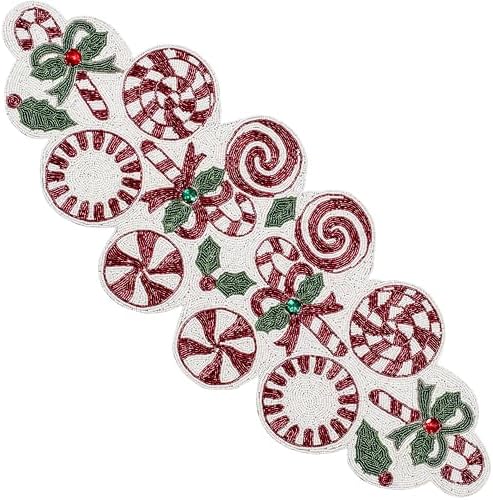 CLEENTABLE Christmas Beaded Table Runner, Red & White, 13x36 by CLEENTABLE