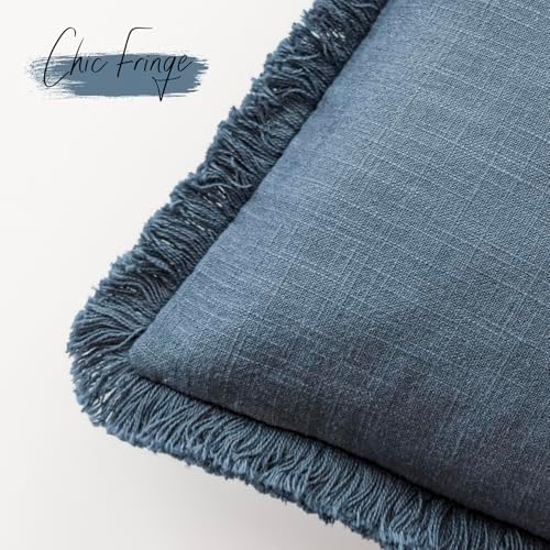 Foindtower Decorative Linen Fringe Throw Pillow Covers 24×24 Inch,Dark Blue - Image 3