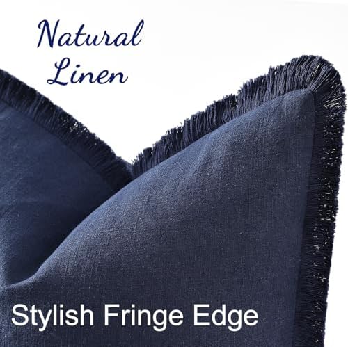 decorUhome Linen Fringe Navy Blue Throw Pillow Covers 26x26 Set of 2 - Image 2