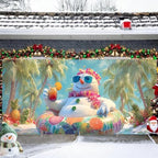 16x7Ft Tropical Snowman Garage Door Banner - Beach Scene with Swimsuit Snowman Holding Drink, Funny Summer Winter Mix Decor for Outdoor Holiday - Image 2