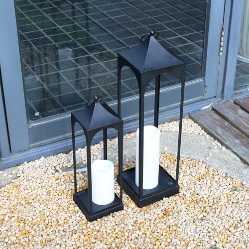 LED Lanterns Decorative Outdoor&Indoor, 23'' 16‘’ Large Black Lanterns Set with 2 Flameless Candles, Metal Holders for Porch, Patio, Garden, Home, Fireplace, Spring Decorations Decor - Image 7