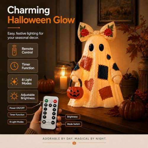 14 in Large Lighted Patchwork Ghost Figurine with Pumpkin Lantern & Remote - Image 6