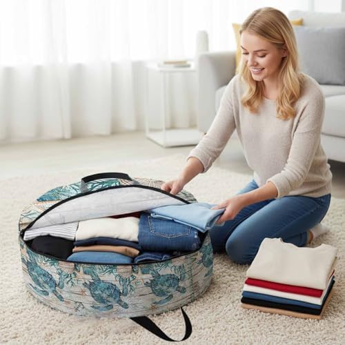 Ocean Turtle Round Storage Bag 24 Inch, Retro Coral Starfish Anchor Coastal Wood Clothes Storage Container with Handles Heavy Duty Organizer for Comforter, Bedding & Holiday Wreaths - Image 3
