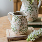 Vintage White and Green Floral Ceramic Vase with Handle, Retro Ice Glazed Crack Farmhouse Pitcher Vase for Home Decor, Living Room, Shelf, Office, Rustic Table Centerpiece 6 Inch by TEWEIQI