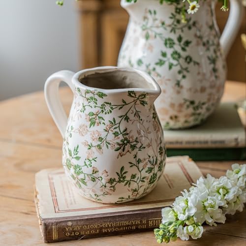 Vintage White and Green Floral Ceramic Vase with Handle, Retro Ice Glazed Crack Farmhouse Pitcher Vase for Home Decor, Living Room, Shelf, Office, Rustic Table Centerpiece 6 Inch by TEWEIQI