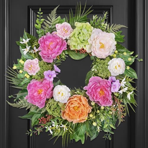 24 Inch Spring Summer Wreaths for Front Door: Realistic Silk Peonies & Hydrangeas with Berry Greenery, Faux Flower Wreath for All Seasons Indoor Outdoor Decor for Porch Wall Wedding Farmhouse Home by MDSTBN
