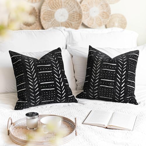 BlissBlush Black Decorative Throw Pillow Covers 18X18, Set of 2, Boho Farmhouse Cushion Cover, Cozy Soft Accent Pillowcase for Couch Sofa Bed Living Room Home Décor by BlissBlush