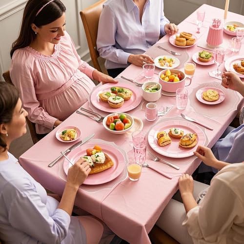 Set of 8 Cotton Linen Placemats, 15x15 Round Scalloped Cloth Table Mats, Embroidery Machine Washable, Wrinkle Resistance Fabric Place Mats for Wedding Summer Baby Shower Party Table Decor-Pink - Image 6
