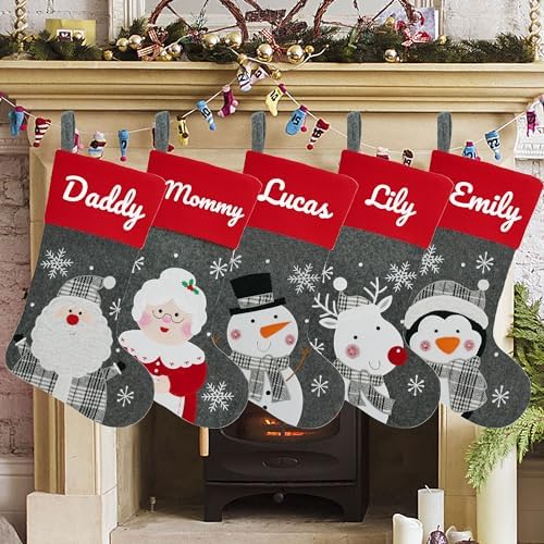 Set of 5, 18" Dia Personalized Gray Christmas Stockings with Embroidery Names, with Holders,Quality Thick Fleece Material Stockings for Family Décor(Set of 5-B) - Image 4
