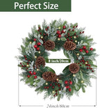 24” Lighted Large Pine Christmas Wreath with Red Berry– Mixed with Fake Norfolk Cypress Cedar Lamb Ear & Pinecone, Xmas Winter Wreaths for Front Door Porch Mantel & Fireplace (50 LED Lights) - Image 6