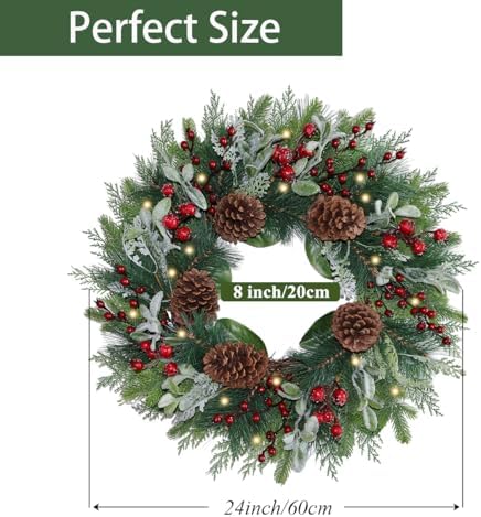 24” Lighted Large Pine Christmas Wreath with Red Berry– Mixed with Fake Norfolk Cypress Cedar Lamb Ear & Pinecone, Xmas Winter Wreaths for Front Door Porch Mantel & Fireplace (50 LED Lights) - Image 6