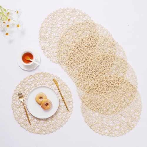 IcosaMro Round Woven Placemats Set of 12 for Dining Table, 15 Inches Paper Boho Decorative Circle Place Mats for Wedding Christmas Thanksgiving Day Holiday Dinner (Beige) by IcosaMro
