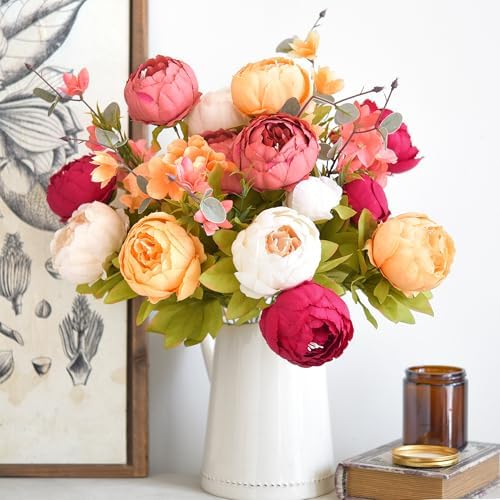 FiveSeasonStuff Peach, Coral, Cream & Burgundy Artificial Peony Set of 2 - Image 5