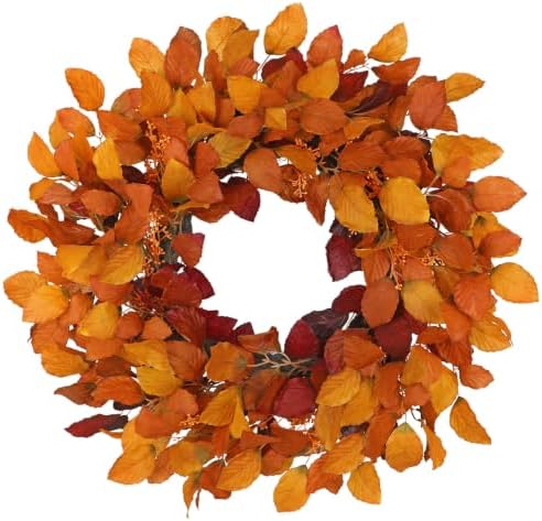 Artificial Fall Leaf Wreath for Front Door – 24" Autumn Wreath with Lifelike Fagus Sylvatica Foliages – Orange Yellow – Rustic Thanksgiving & Halloween Decoration for Indoor & Outdoor by Arborus