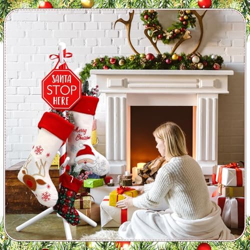 Geelin 39.37 Inches Inch Christmas Wooden Stocking Holder Stand Freestanding Christmas Stocking Stand Rack with 7 Hooks with Red Ribbon for Xmas Living Bedroom Room - Image 2