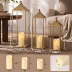 3 Pcs Large Gold Decorative Lanterns with Candles, Metal Candle Lantern - Image 2