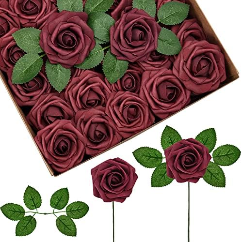 InnoGear Artificial Flowers, 50 Pcs Burgundy Foam Fake Roses Bulk with Stems for Decoration DIY Wedding Bouquets Centerpieces Bridal Shower Party Christmas Tree by InnoGear