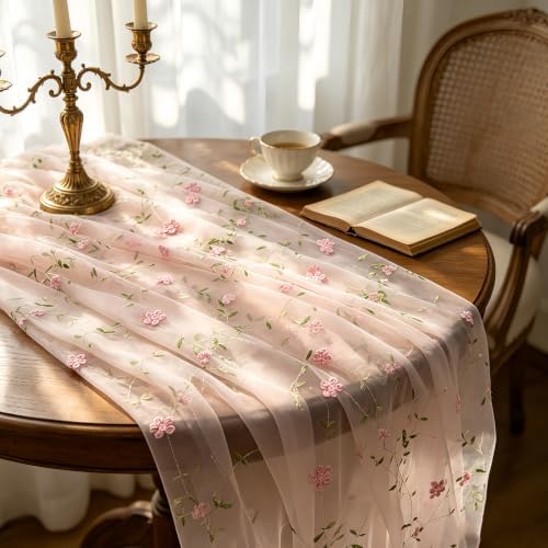 Ebrima 3 PCS Pink Floral Table Runner 9.2FT Embroidery Tulle FlowerTable Runner Mesh Lace Fabric for Home Garden Wedding Party Dining Table Decor DIY Craft (3) - Image 5
