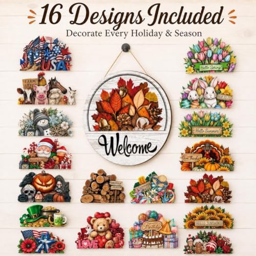 16PCS Interchangeable Welcome Sign for Front Door Seasonal Magnetic Wooden - Image 3