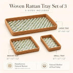 Handwoven Rattan Tray Set of 3 with Mother of Pearl Green Check Inlay - Image 2