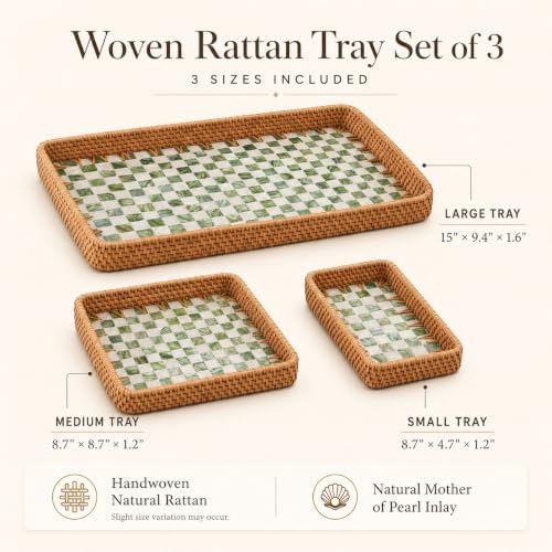 Handwoven Rattan Tray Set of 3 with Mother of Pearl Green Check Inlay - Image 2