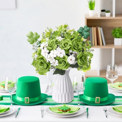 Zeyune 9 Pcs St. Patrick's Day Flower Decorations Artificial Shamrock Centerpiece Table Green Rose Clover Branches Fake Gerbera Picks Floral Arrangement for Irish Decor Farmhouse Home Party Supplies - Image 5