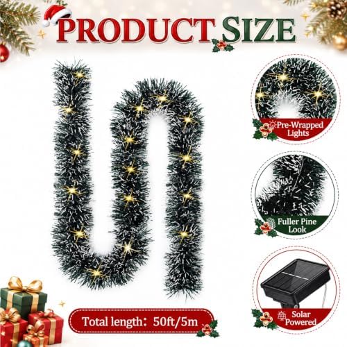 Dingion 50 ft Pre-lit Christmas Garland for Outdoor Dark Green & Warm - Image 2