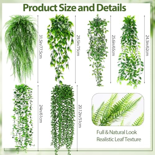 Daifunli 12 Pcs Artificial Hanging Plants Fake Hanging Ferns Plastic Fake Plant for Wall Room Garden Garland Indoor Outdoor Decor No Basket (Eucalyptu,Mandala,Boston,String of Pearl,Podocarpu,Pothos) - Image 5