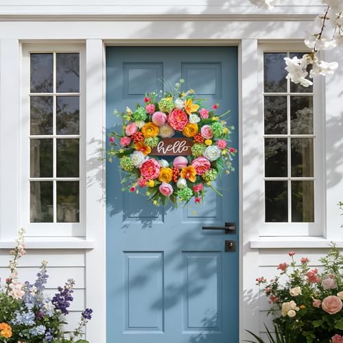 Spring Wreath for Front Door, 24 Inch Artificial Spring and Summer Wreath with Peony, Rose, Orchid, Hydrangea and Gardenia Flowers, Peach, Berries and Hello Wooden Sign, Decor for Indoor Outdoor - Image 5