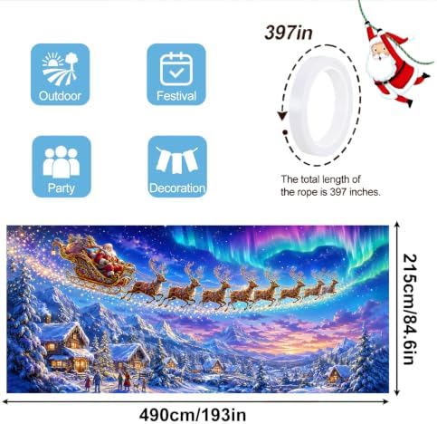 Magical Christmas Garage Door Banner Mural - Santa Sleigh Reindeer Flying Over Winter Snow Village Backdrop Large 7x16ft Holiday Outdoor Wall Decor Durable Weatherproof Fabric Cover for Home Xmas - Image 2