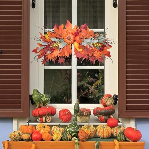 Fall Arch Swags 25.6" Prelit Fall Swag with Lights Harvest Red Leaves Pumpkins Berries Rich Autumn Elements Garland Wreath for Halloween Thanksgiving Farmhouse Harvest Arch Front Door Home Décor - Image 4