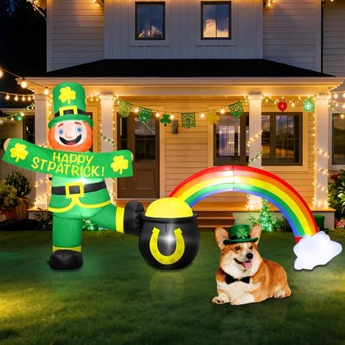 7FT Long St Patricks Day Inflatables Leprechaun Outdoor Decorations, Blow Up Leprechaun with Pot of Gold & Rainbow Built-in LEDs St Patricks Outdoor Decorations for Holiday Party Yard Garden Lawn by BRDJade