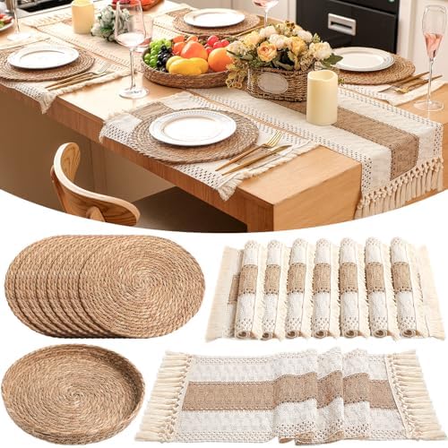 Boho Table Runner and Placemats Set, 8 Sets, Brown, 12x108 by Gandeer