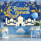 Mocsicka Ramadan Mubarak Decorations Backdrop Blue Gold Muslim Ramadan Kareem Banner Eid Mubarak for Home Muslim Party Supplies (Blue, 8x6ft) - Image 2