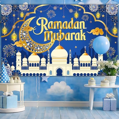Mocsicka Ramadan Mubarak Decorations Backdrop Blue Gold Muslim Ramadan Kareem Banner Eid Mubarak for Home Muslim Party Supplies (Blue, 8x6ft) - Image 2