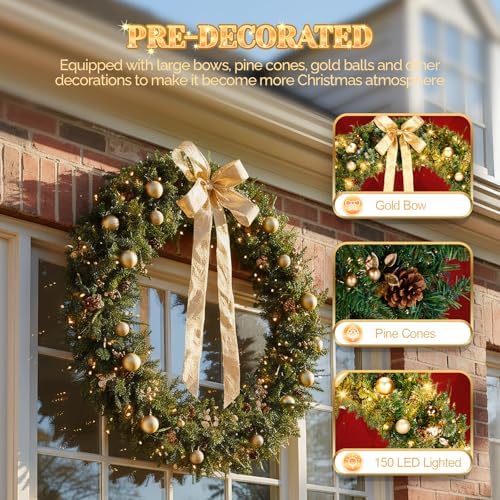 VINGLI 48 Inch Prelit Christmas Wreath Front Door Decor Plug in LED - Image 2