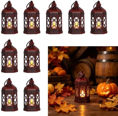 12Pcs Mini Moroccan Lanterns (Brushed Red) with LED Candle - Hanging Vintage Small Lanterns for Ramadan, Wedding, Easter, Christmas, Churches - Table Centerpieces & Medieval/Themed Decor by ReperlaSpecialMiniSmallLanternDecoration