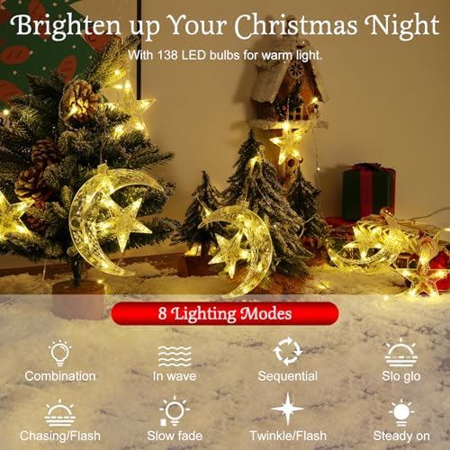 Lewondr 138 LEDs Star Moon String Curtain Lights, Warm Light - Image 2