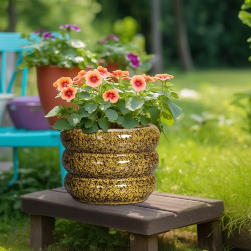 SQOWL Ceramic Flower Pots - 10 Inch Plant Pot Indoor with Drainage Hole, Round Bubble Planter for Outdoor Plants, Decorative Ceramic Plant Pot, Porch Home House Decor, House Warming Gifts, Yellow - Image 4
