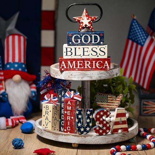 FoldTier 11 Pcs Patriotic Tiered Tray Decor Vintage 4th of July Table Sign - Image 4
