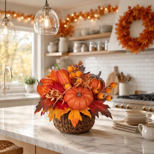 10" Artificial Pumpkin Fall Centerpiece with Woven Basket Centerpiece - Image 5