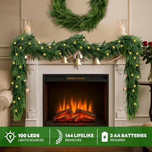 12 FT Artificial Norfolk Pine Garlands with Lights, Pre-Lit Christmas Garland, Real Touch Pine Artificial Faux Greenery Garland for Table, Mantle, Wall, Indoor, Outdoor Christmas Decorations - Image 2