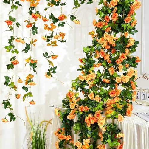 Floweroyal 6 Pack Artificial Flower Garlands 15.8FT Fake Rose Vines Silk Flowers Hanging Rose Ivy for Wedding Arch Party Home Garden Wall Decor (Sunset Orange) - Image 2