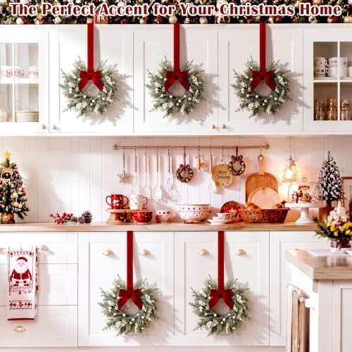 Riceshoot 6 Pcs 10'' Mini Christmas Cabinet Wreath Small Wreaths with Bow - Image 2