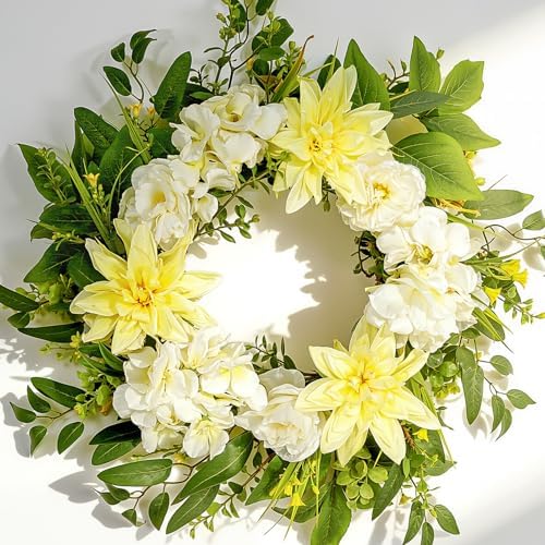 22 Inch Summer Wreaths for Front Door, Spring Summer Floral Wreath - Yellow Dahlia and White Hydrangea, Spring Door Wreath for Front Door, Porch, Outdoor, Indoor, Window, Farmhouse Decor by Nztze%E2%80%93EverlastingGreenery